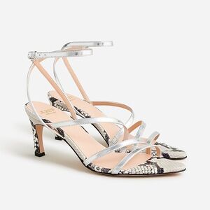 J Crew Metallic Silver Snakeskin Leather Strappy Sandal Heels Ankle Strap Sz 7.5